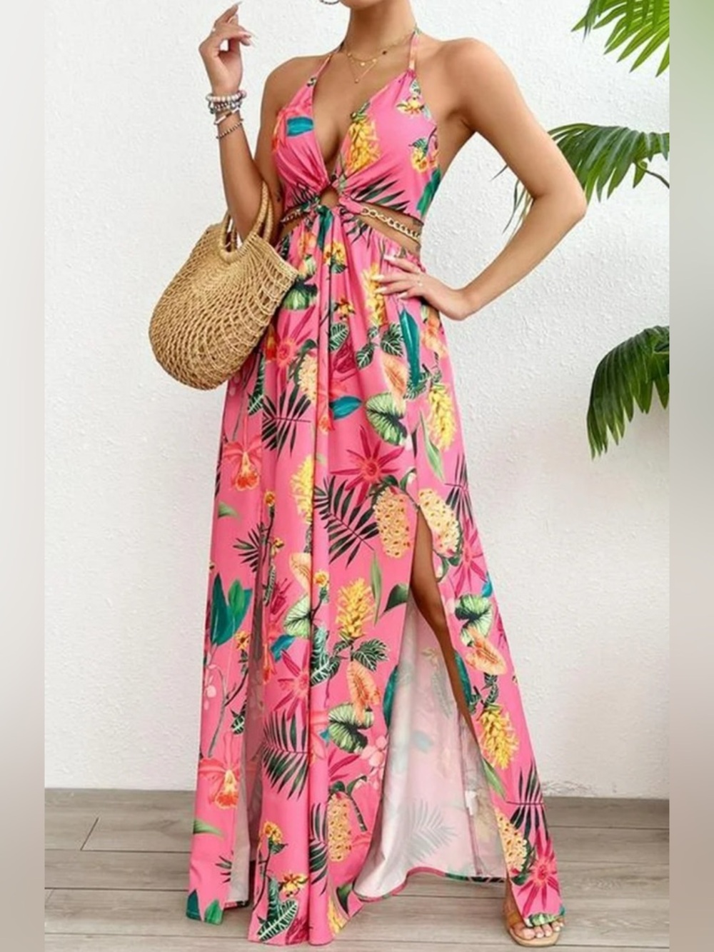 Halina Pink Tropical Maxi Dress with Cutout